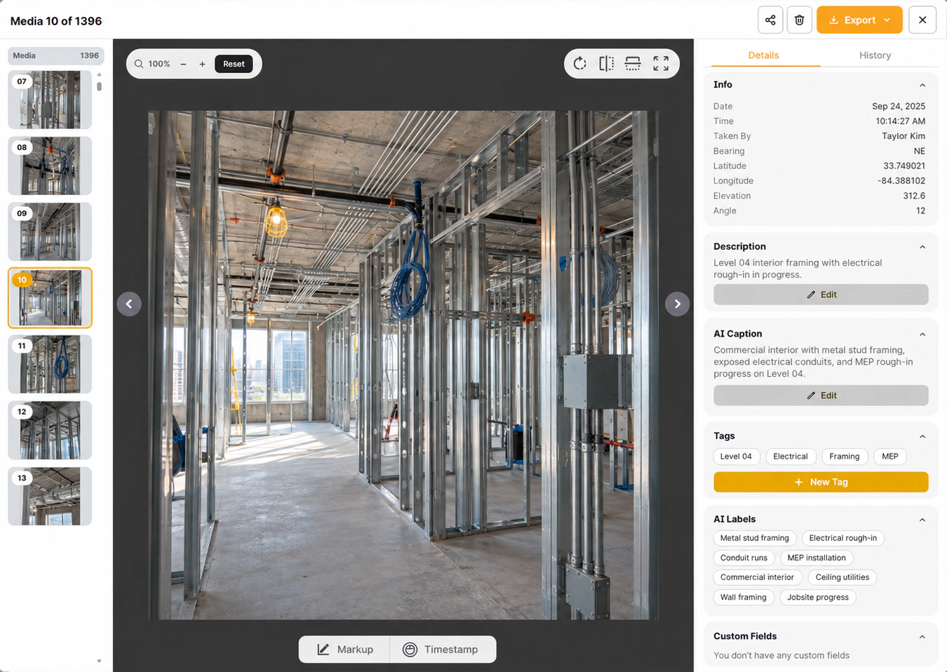 Filio construction photo viewer with AI Caption, AI Labels, separate Tags and project record details.