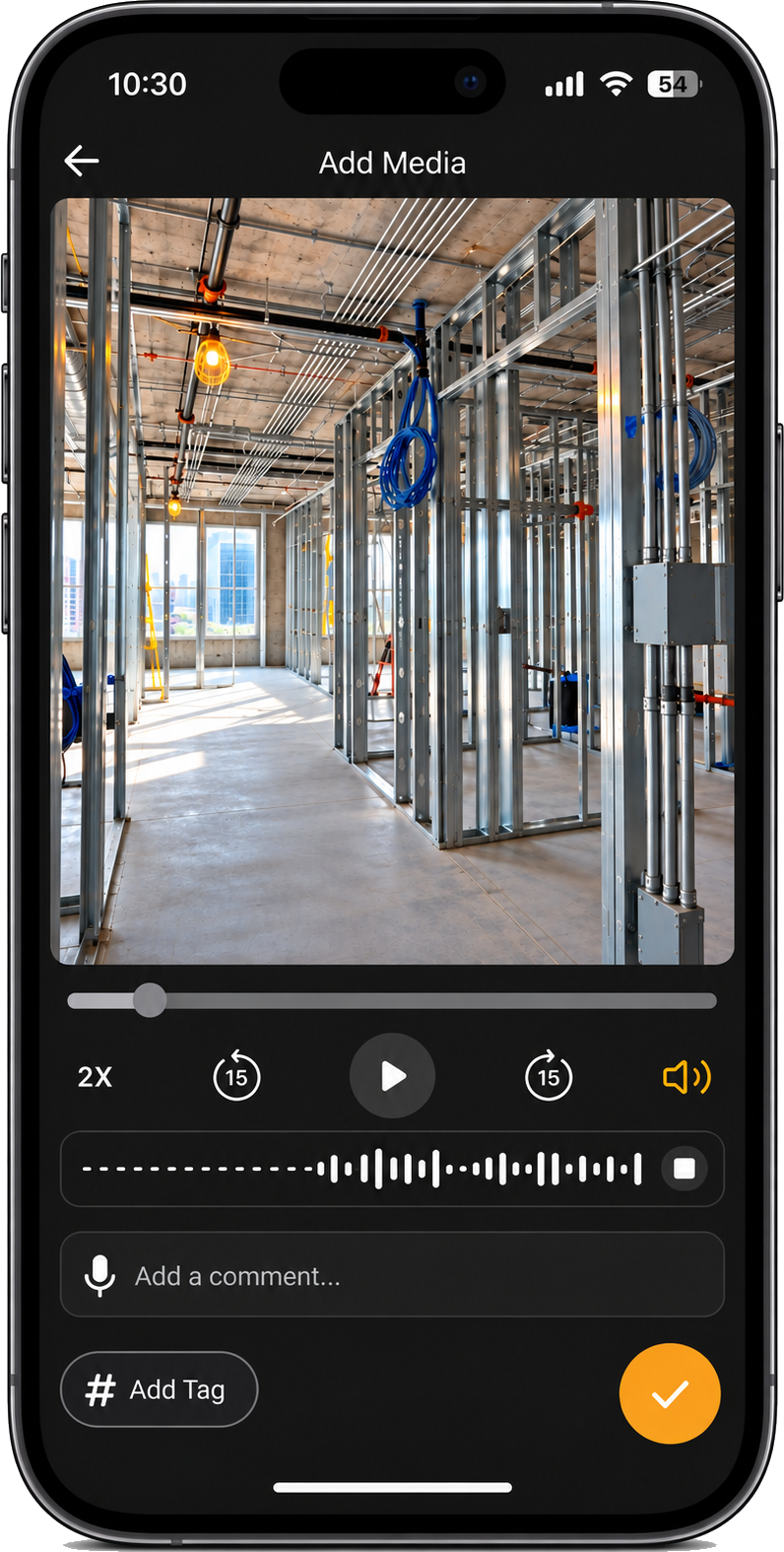 Filio construction video with playback controls and a separate description microphone for dictating text independently of the video's recorded audio.