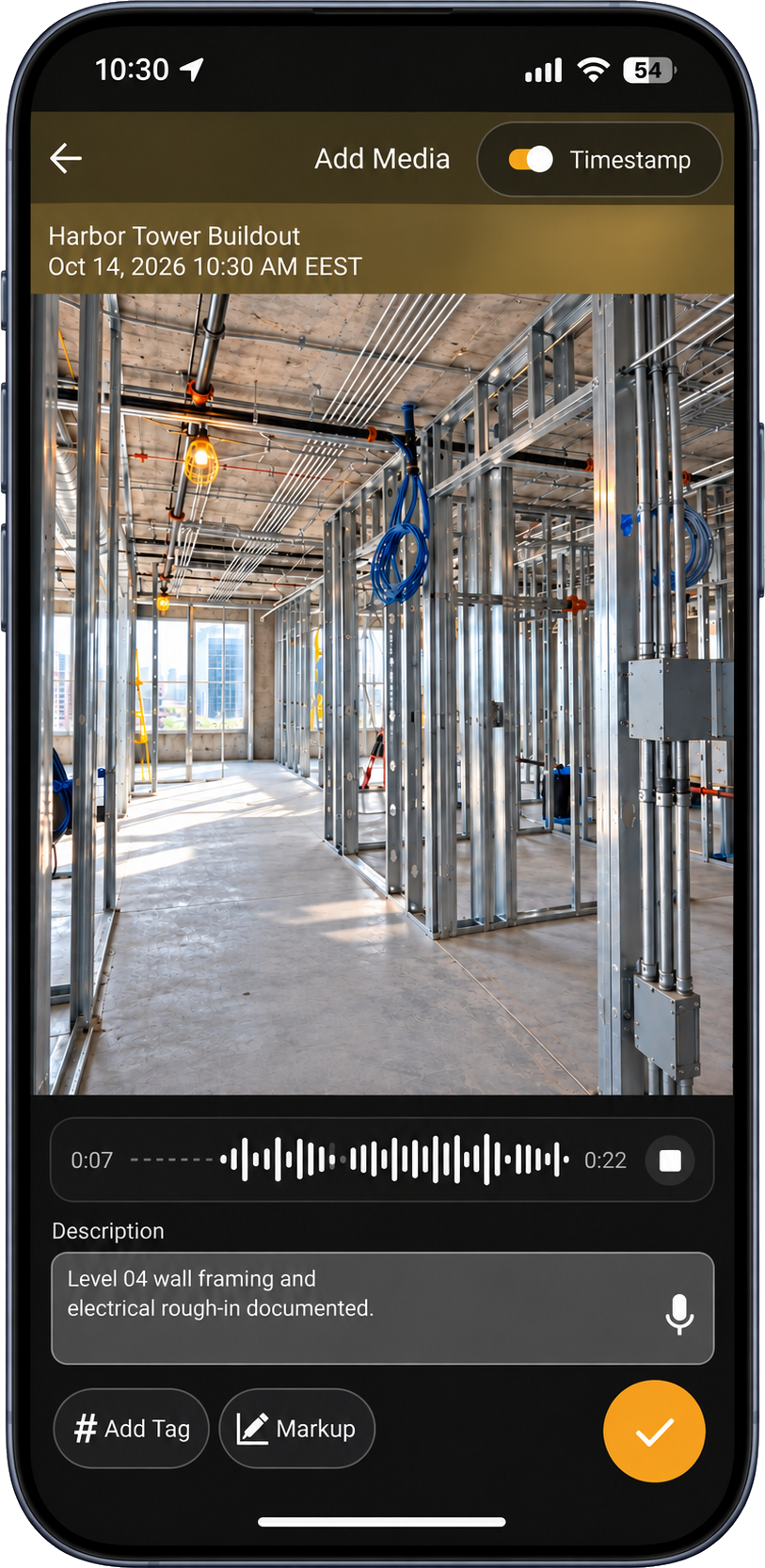 Filio Data Collector construction photo with a separate voice-entry control for dictating a field observation.