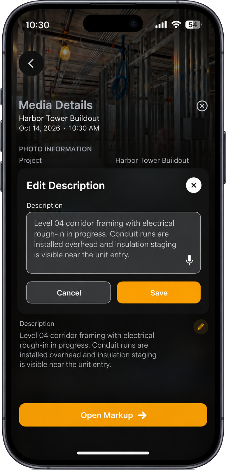 Filio Edit Description dialog with editable construction voice-note text, a description microphone, and Save and Cancel controls.
