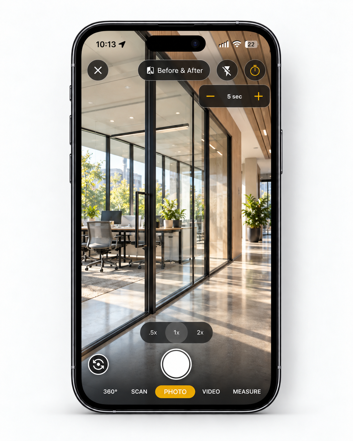 Filio camera showing a five-second capture timer with minus and plus controls.