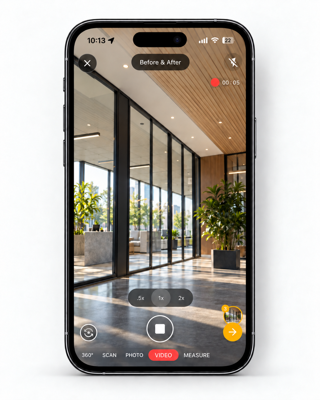 Illustrative Filio video-recording screen with VIDEO selected, a stop button, and a 00:05 counter.
