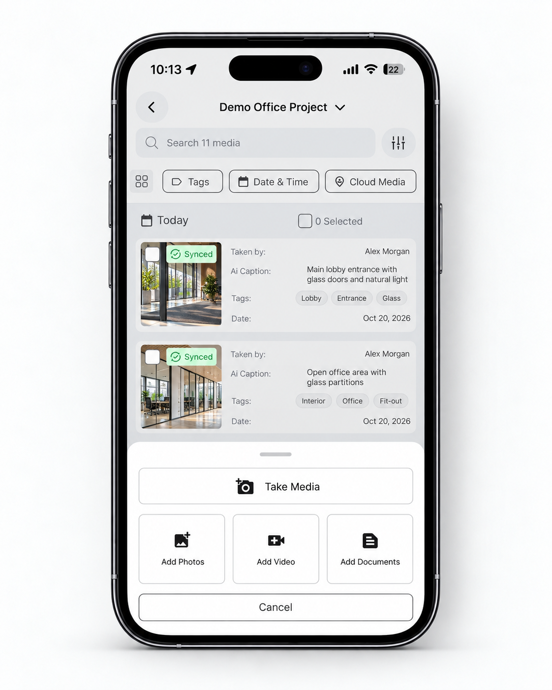 Filio project menu with Take Media, Add Photos, Add Video, and Add Documents options.