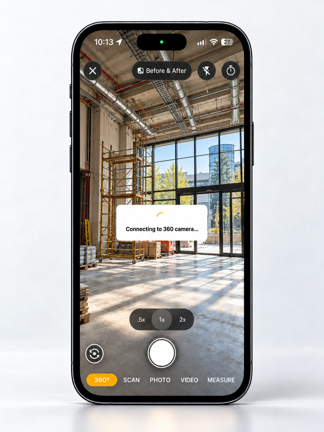 Filio mobile app with 360° selected and a connection-in-progress message for a compatible camera.