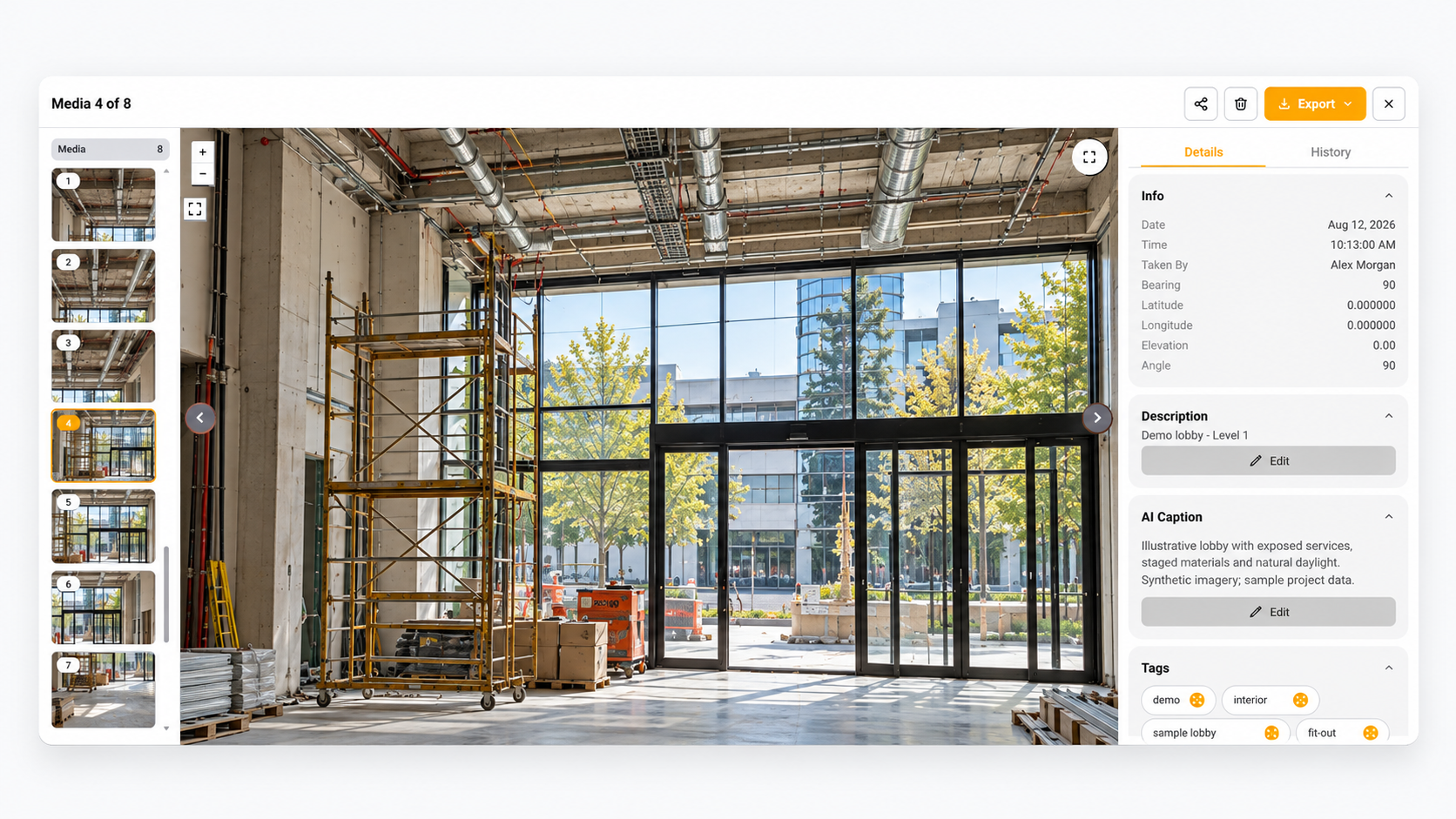 Illustrative Filio web viewer showing an unfinished lobby, media thumbnails, and sample photo details.