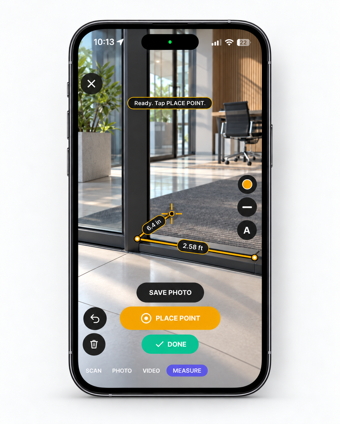Filio mobile app showing an on-site doorway measurement captured in the field using the AR measure tool.