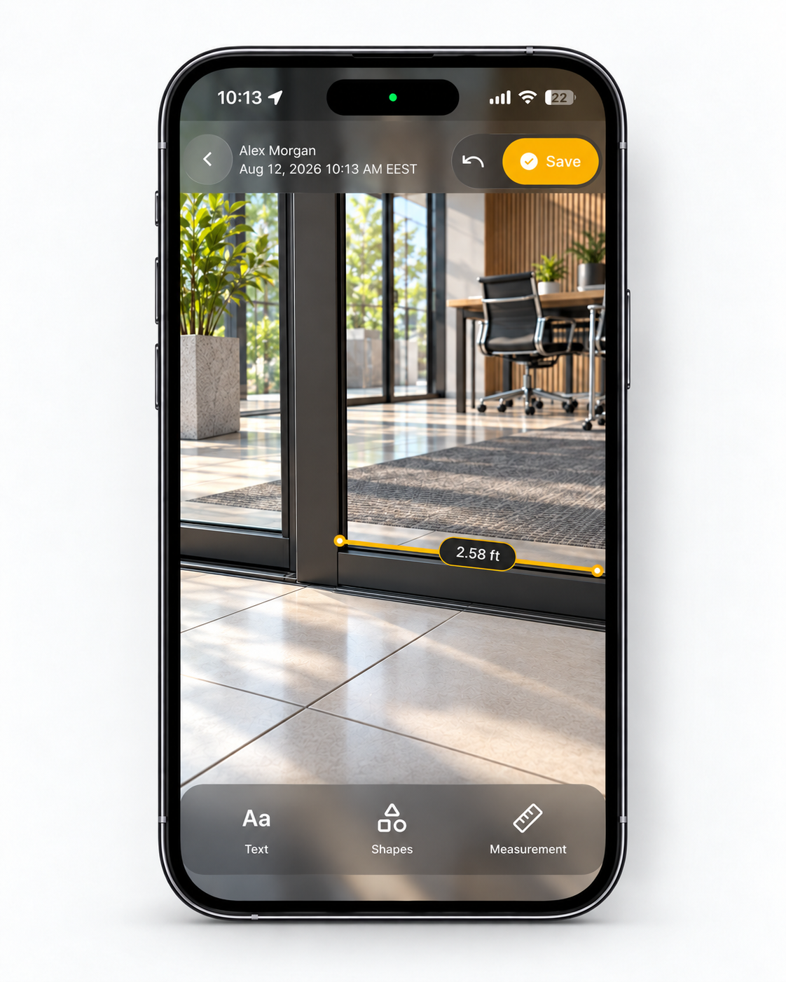 Filio app markup screen showing a measured project photo ready for text, shapes, and visual annotation.