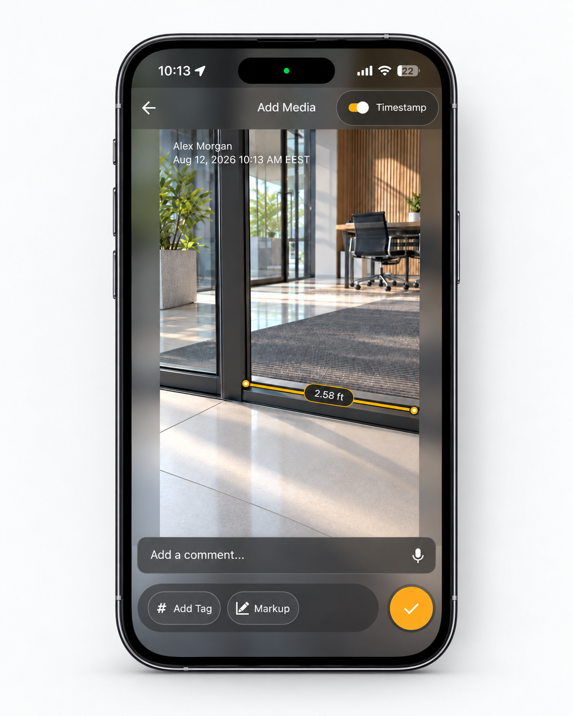 Filio app screen showing a measured construction photo being saved with timestamp, comment field, tags, and markup options.