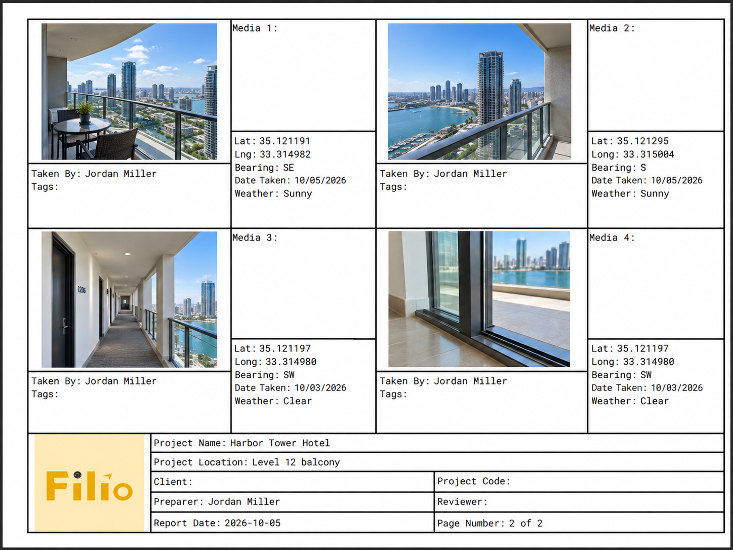 Example Filio construction photo report with project and photo metadata.