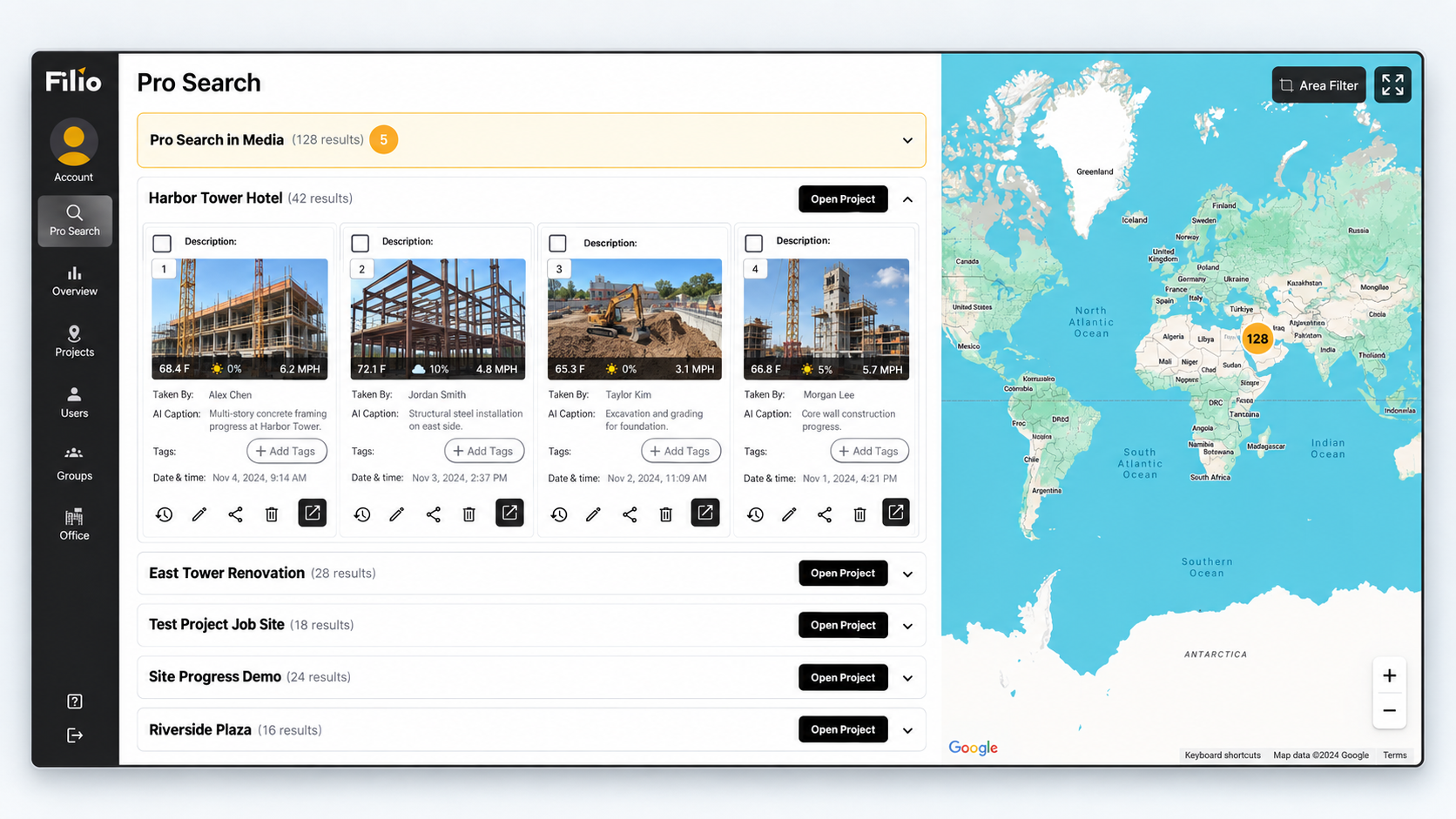 Filio Pro Search showing construction photo records grouped by project, with map access.