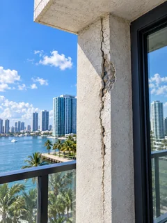 Illustrative construction photo of a cracked balcony column at Harbor Tower Hotel.