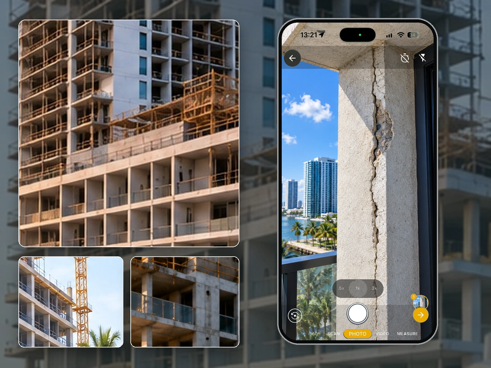 Illustrative Filio mobile camera showing a cracked balcony column in a hotel construction project.
