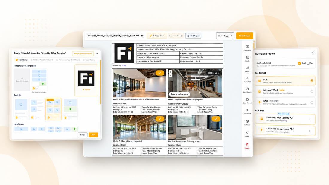 Sample construction report in Filio with four site photos, captions, and project details.
