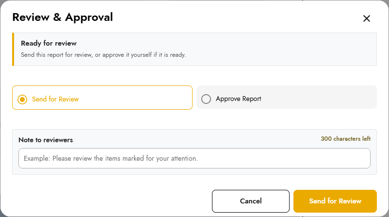 Filio Review & Approval dialog with Send for Review selected, an optional reviewer note, and an Approve Report option.