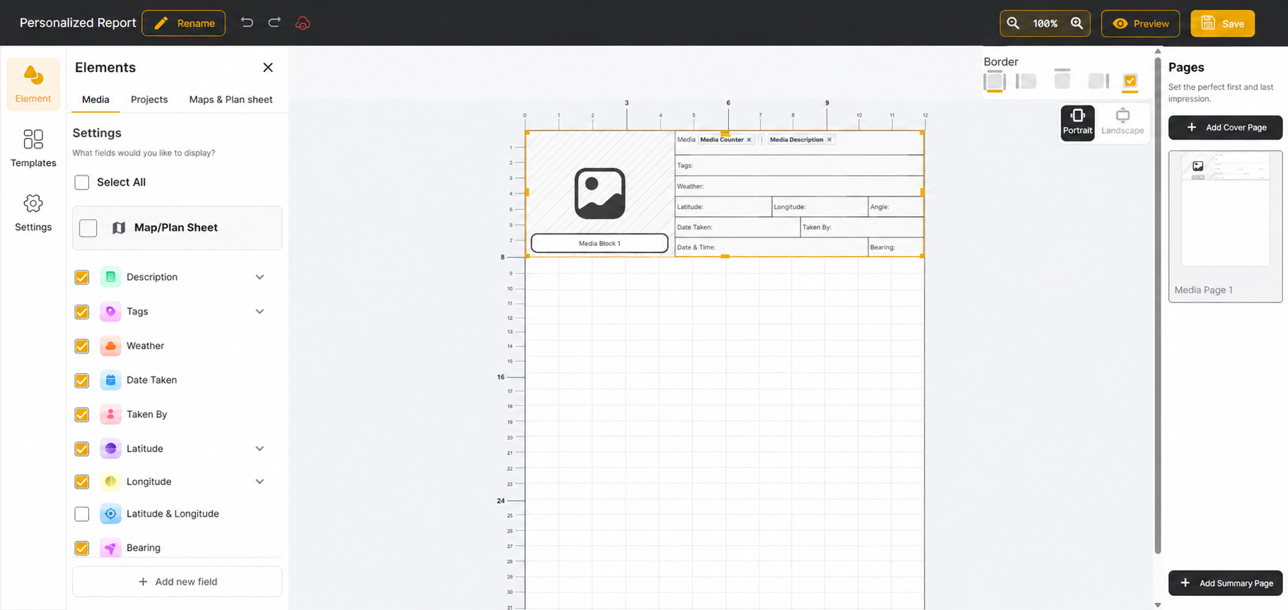 Filio report template builder showing selectable media fields, a media block, and page controls.