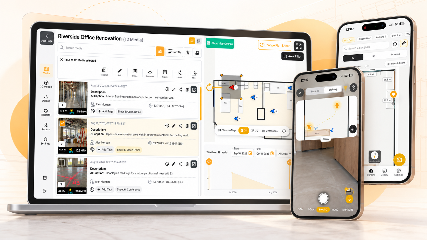 Filio project photos and plan sheets displayed on a laptop and two phones.