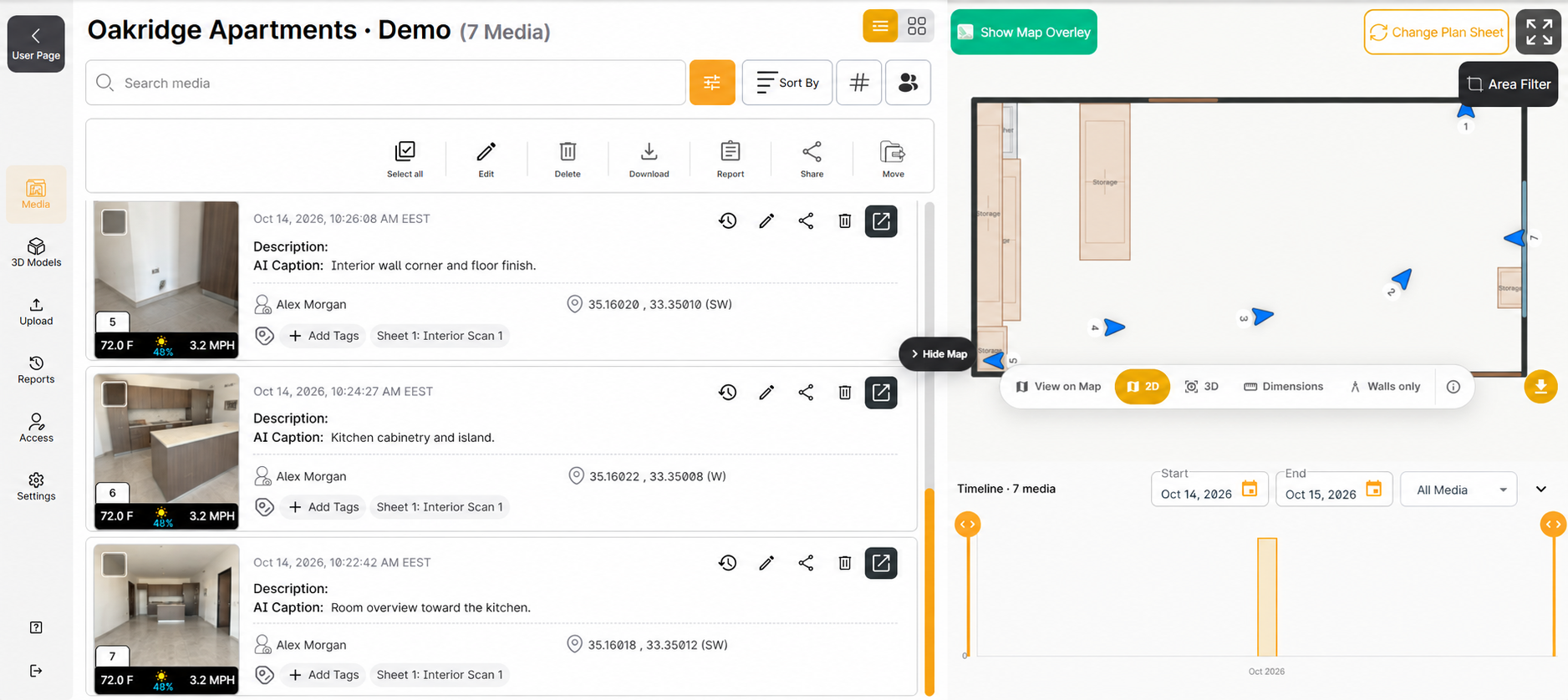 Illustrative Oakridge Apartments demo showing interior photo records beside a room plan with numbered directional markers and a media timeline.