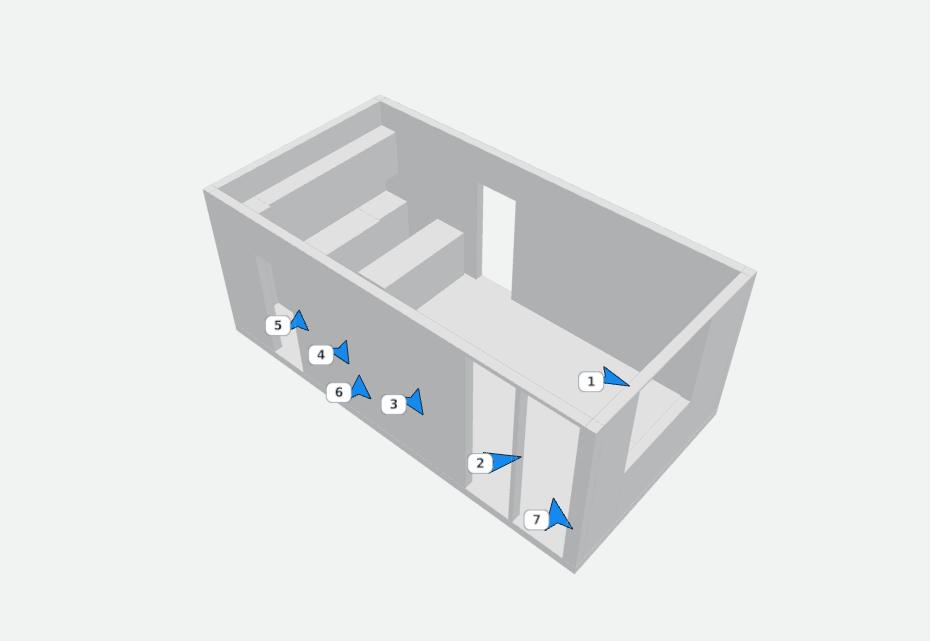 Supplied white 3D room model with seven illustrative blue direction markers.