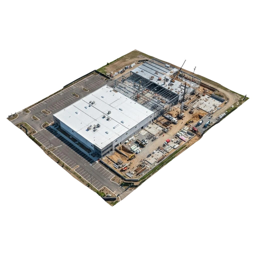 Angled 3D reconstruction of a building and its surrounding site.